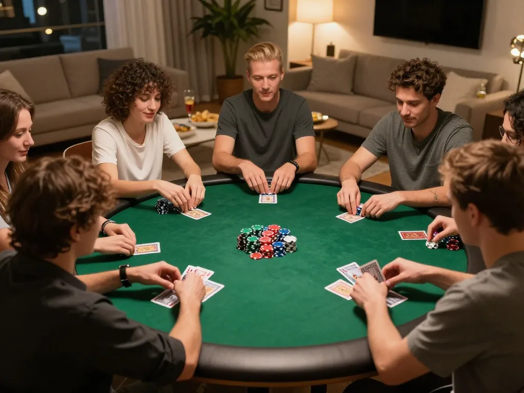 Dabet players enjoying an engaging home poker game night with colorful chips and lively atmosphere