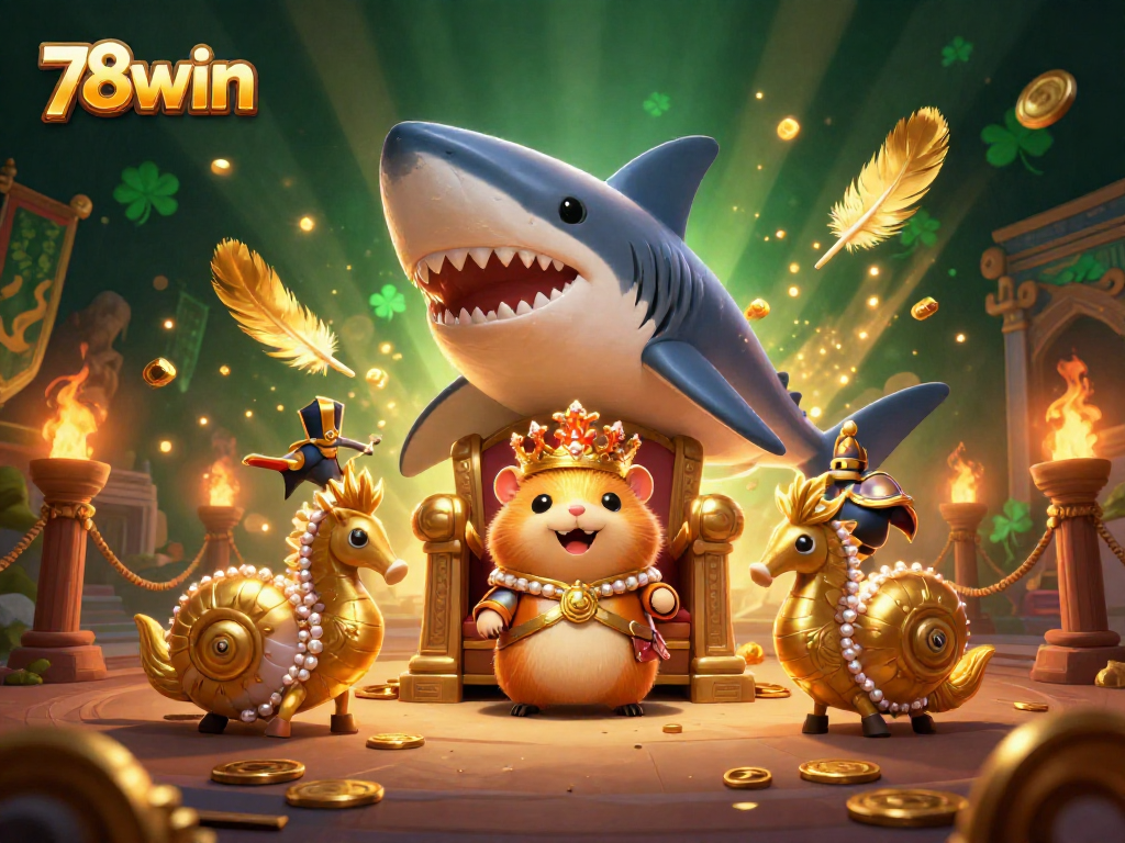 Engage with thrilling 78win action in this vibrant 3D casino illustration featuring a golden hamster king.