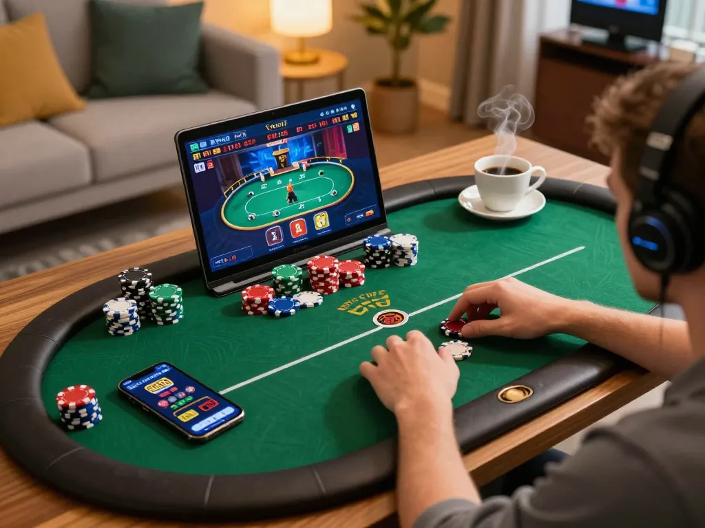 kp88 player engaged in poker with vibrant chips and online setup for responsible gambling.