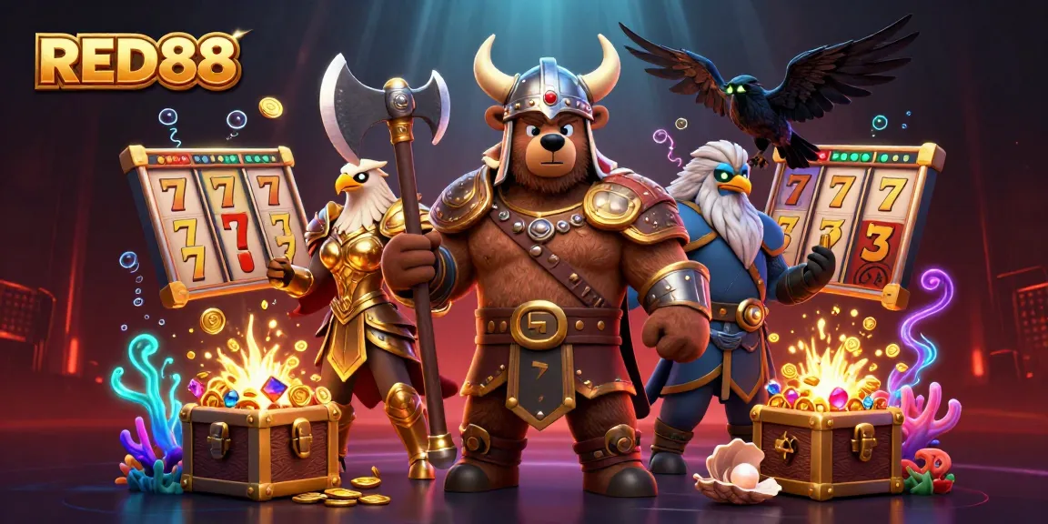 Experience the thrill of winning at RED88 with a vibrant casino-themed 3D scene featuring a Viking bear and slot machines.