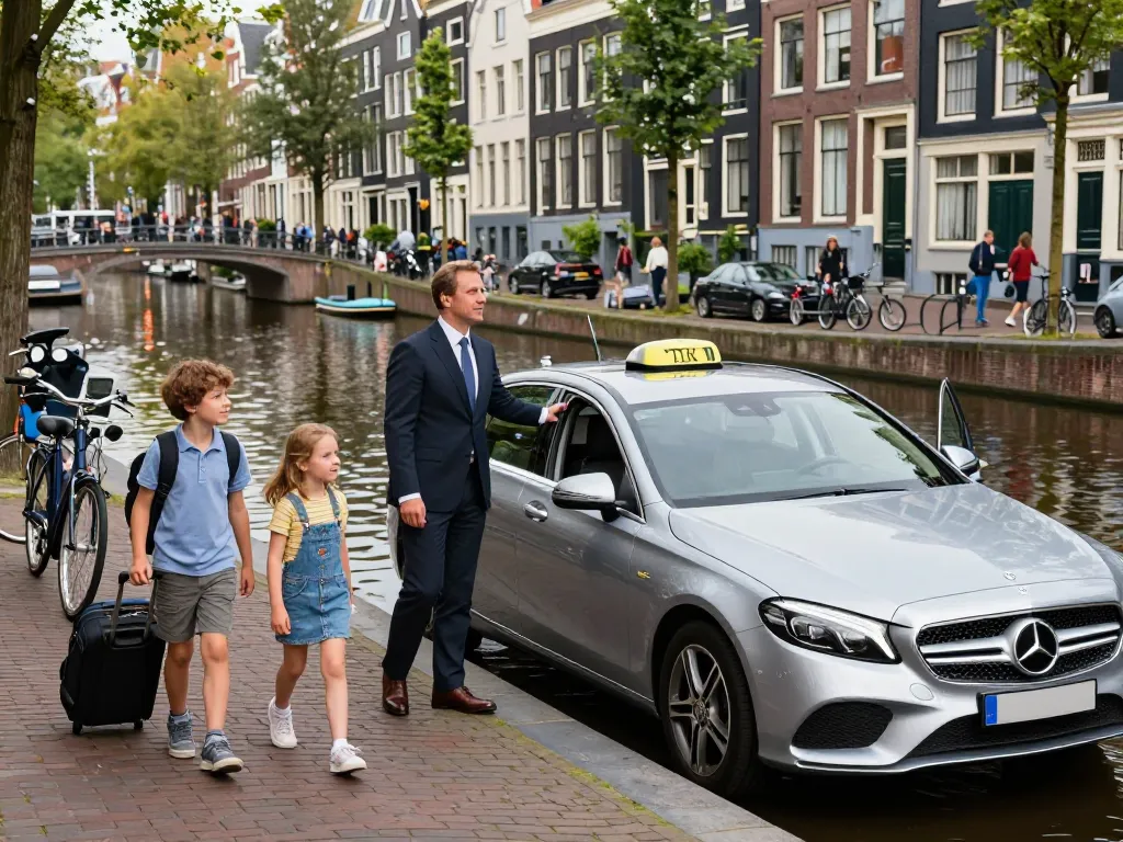Taxi Amsterdam biedt een luxe service met een Mercedes taxi geparkeerd aan een kanaal.