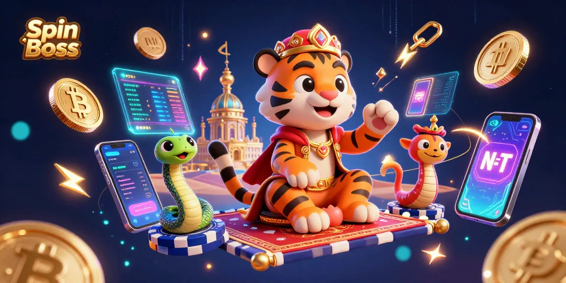 Spin Boss casino illustration featuring a tiger sultan on a flying carpet surrounded by cryptocurrency elements and vibrant jackpot symbols.