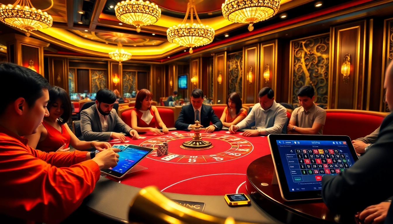 Engage in Đăng Ký F8BET at this vibrant casino scene featuring players around a poker table.
