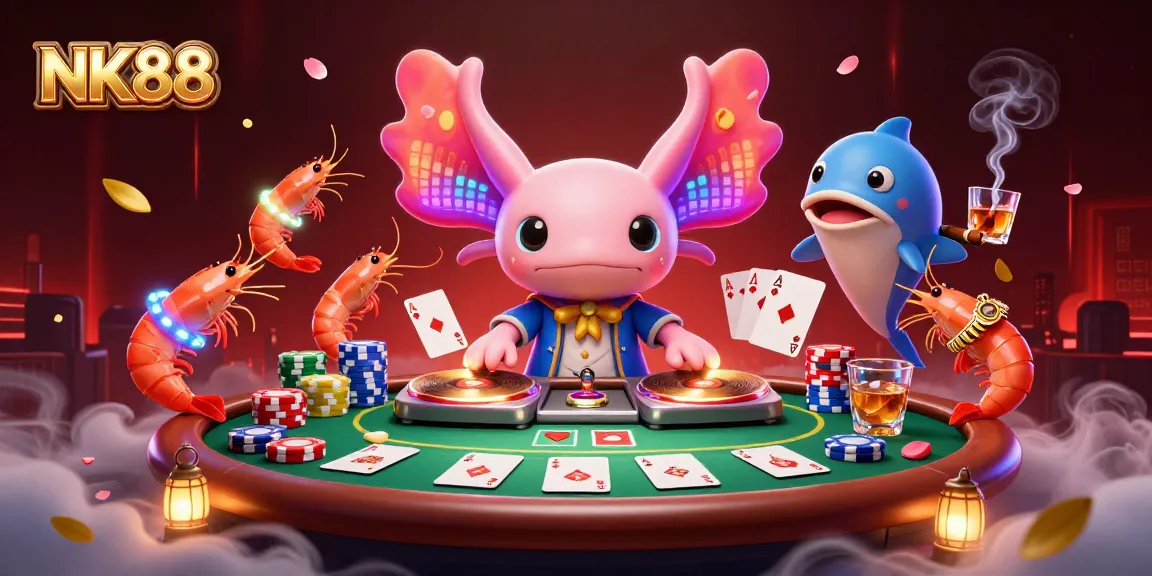 Play exciting games at NK88, featuring a vibrant casino scene with lively characters and poker elements.
