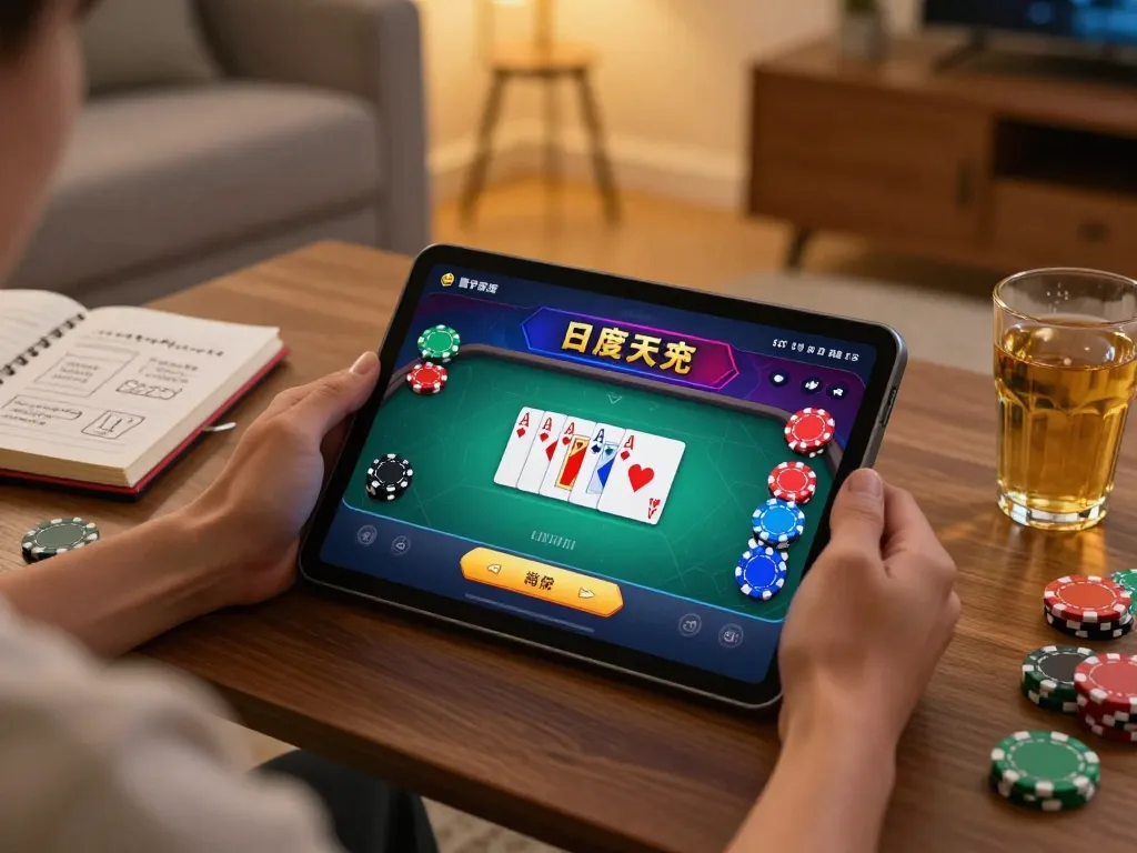 Player enjoying a thrilling B52CLUB poker game on tablet with colorful cards and chips in a cozy setting.