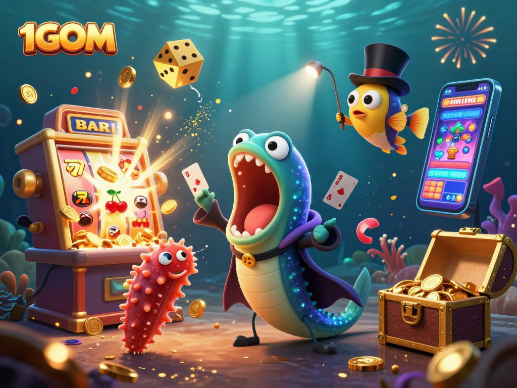 Engage with 1GOM’s exciting casino features in this vibrant 3D illustration showcasing fun and games.