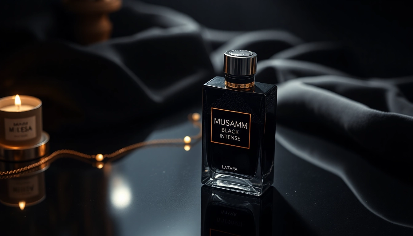Experience the luxury of Musamam Black Intense by Lattafa with its exquisite bottle design on display.