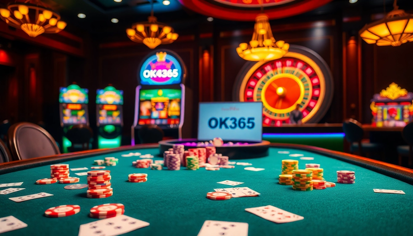 A thrilling casino atmosphere showcasing an elegant poker table, chips, cards, and the interface of https://ok365.tw/ for online gaming excitement.