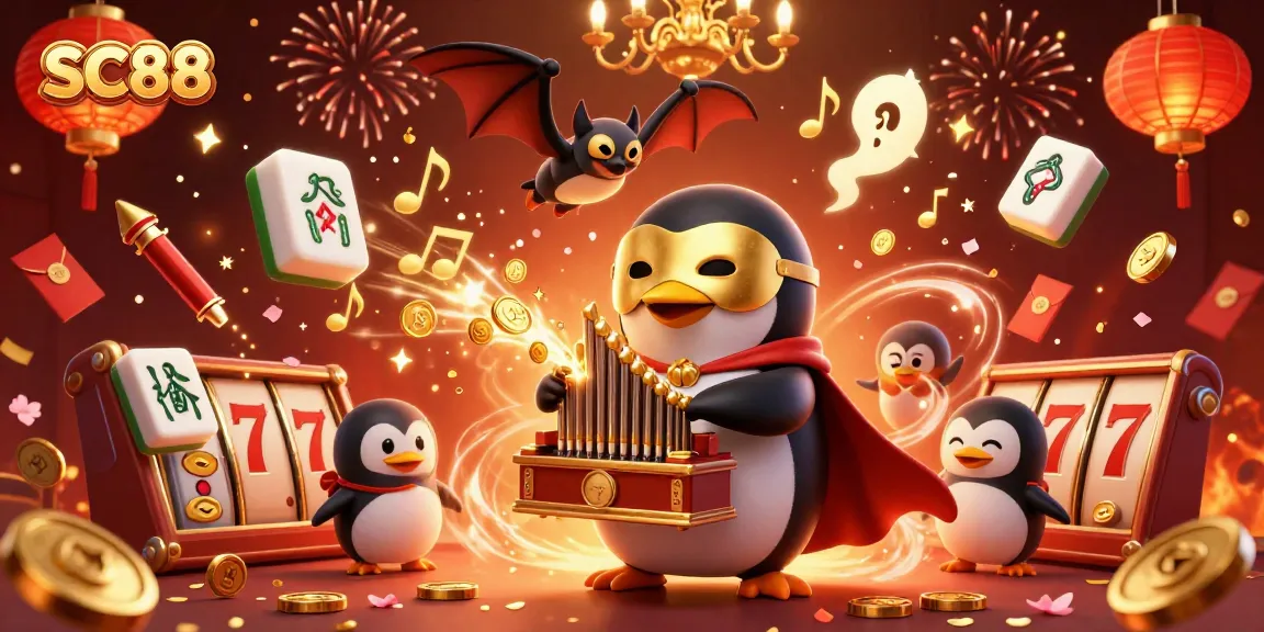 Playing with SC88's vibrant casino elements, the penguin brings joy around golden stacks.