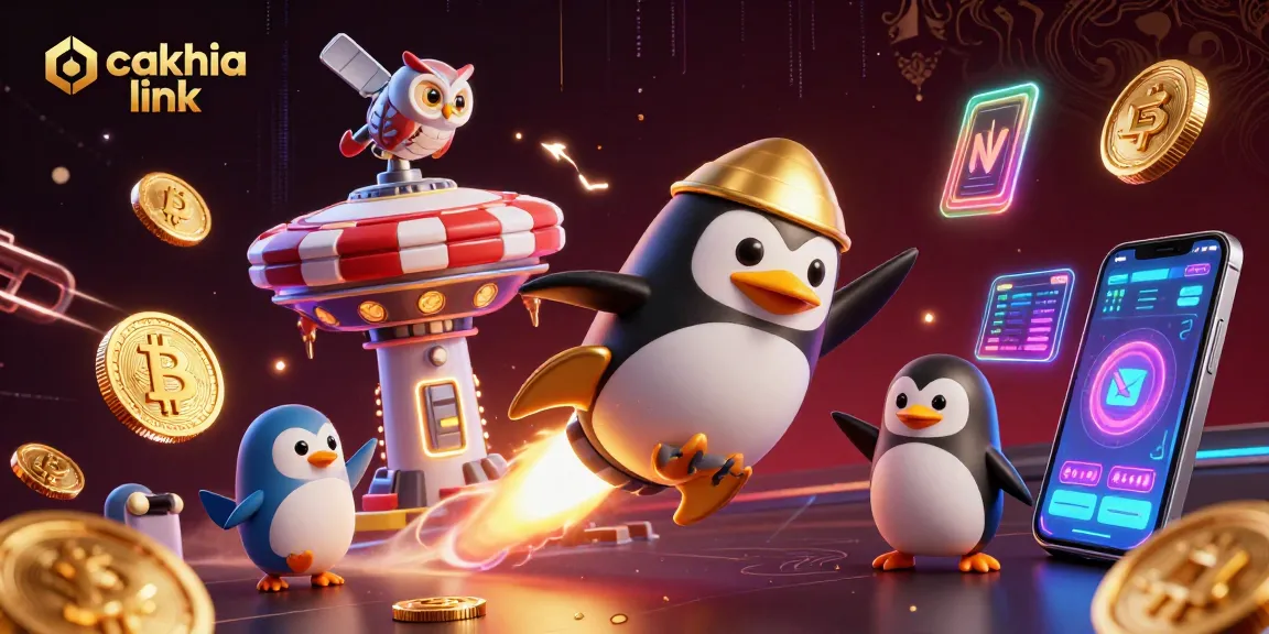 Cakhia link showcases a dazzling penguin in a casino-themed space with dynamic gaming elements, promoting excitement.