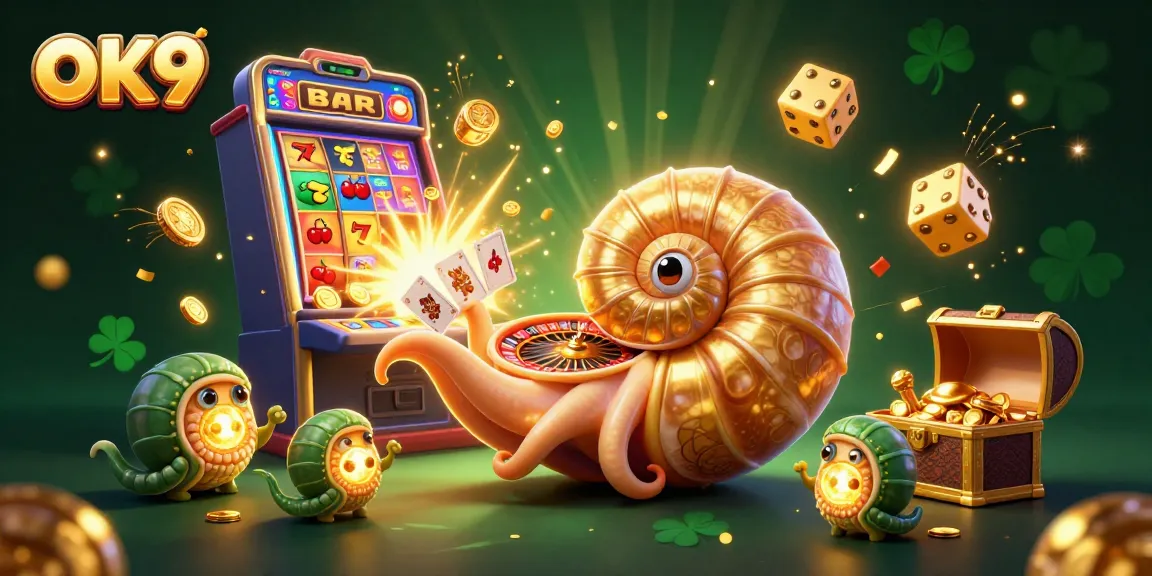 Experience the excitement of OK9 with a dynamic 3D casino scene featuring a giant nautilus and vibrant game elements.