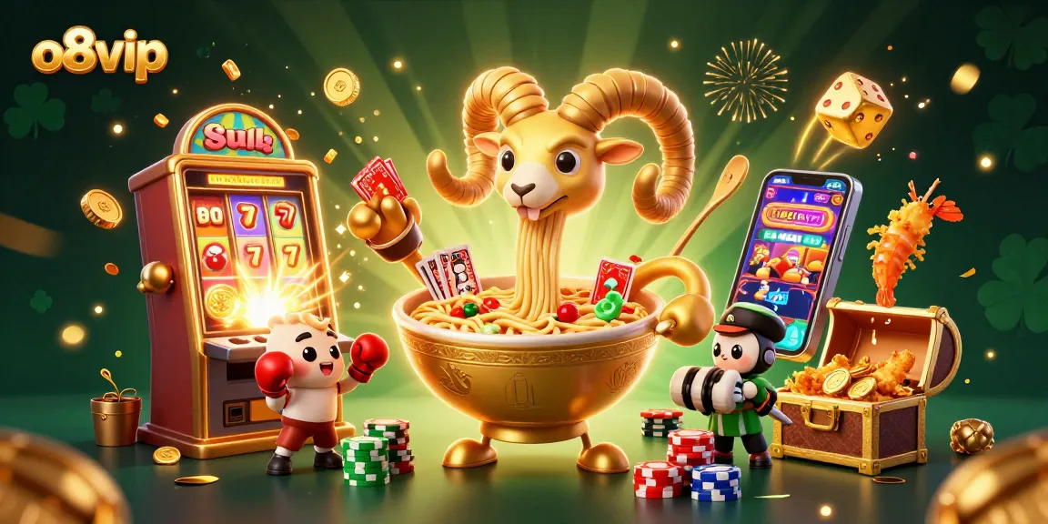 Engage in thrilling gaming at o8vip, where a golden ramen bowl and charming characters bring excitement alive.