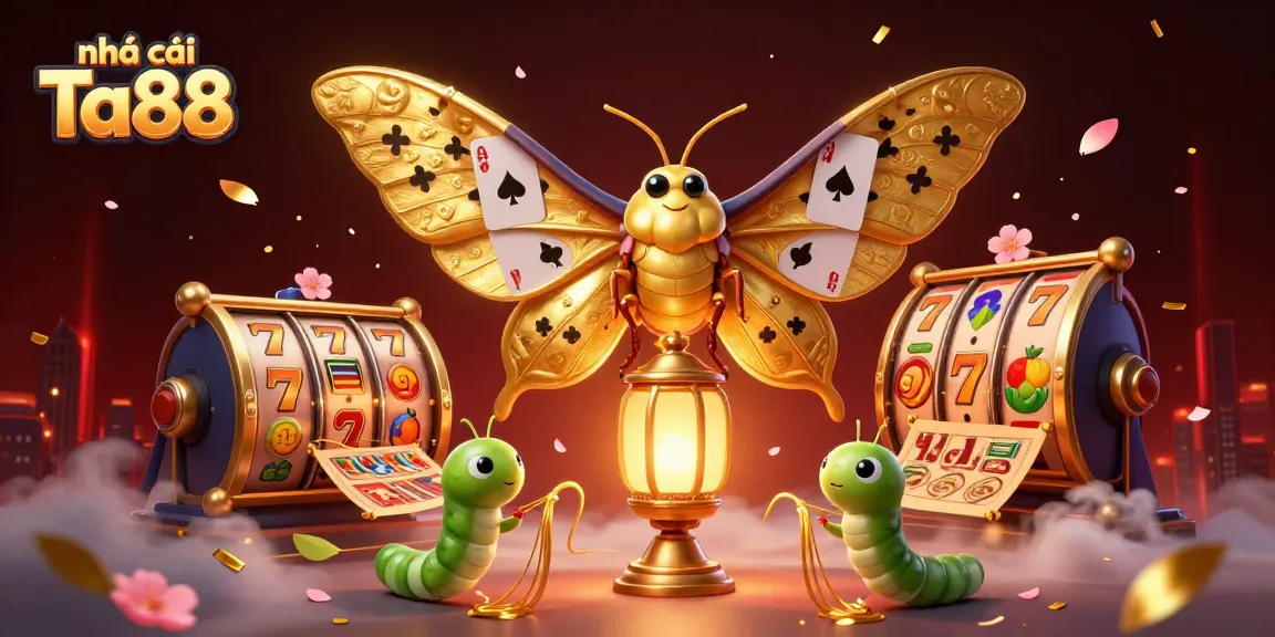 Engage with nhà cái Ta88 through an illustrated scene filled with vibrant slot machines and rich casino motifs.