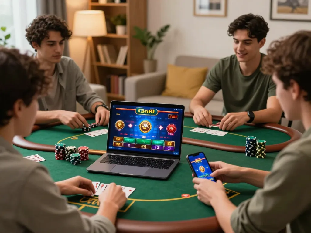Players enjoying a thrilling session on Go8, showcasing poker and slot games in a cozy home setting.