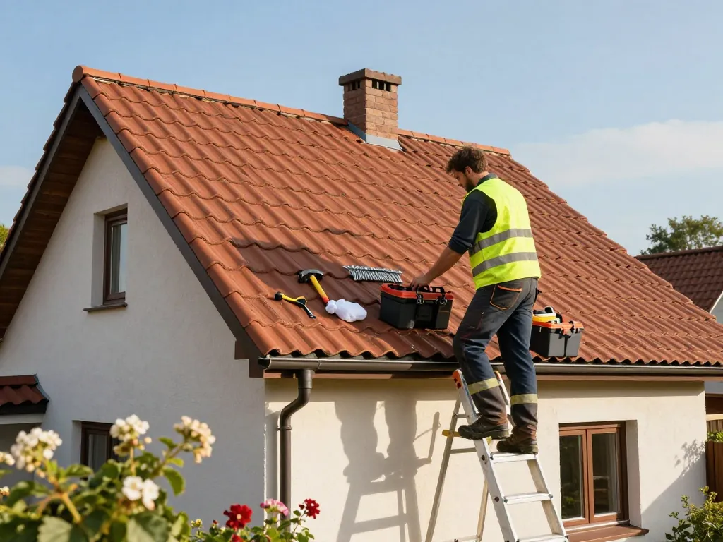 Professioneel dak onderhoud uitvoeren op een woonhuis met gereedschap, wat de kwaliteit van onderhoud aan woningen laat zien.