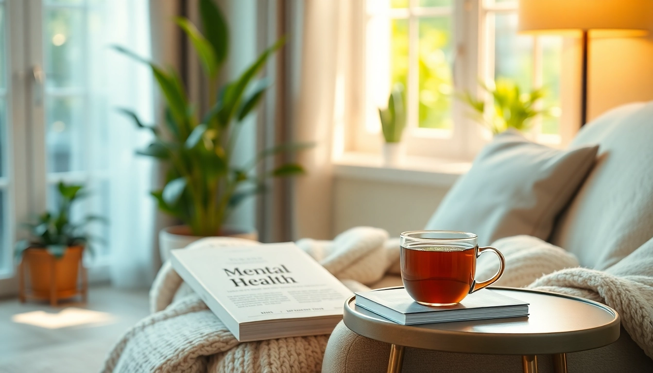 Engaging mental health tips displayed in a serene therapy room, inviting comfort.