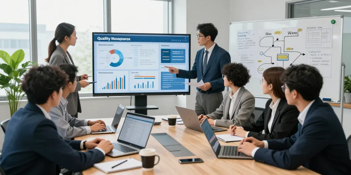 Dynamic team collaboration in a modern office, focusing on the Fachportal für Qualität im Business and quality assurance strategies.
