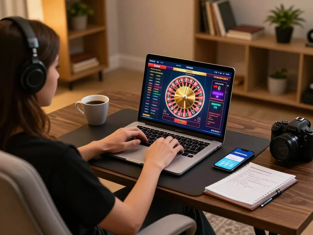 Engaged player using 23wincom's online casino interface on laptop, showcasing vibrant roulette game.