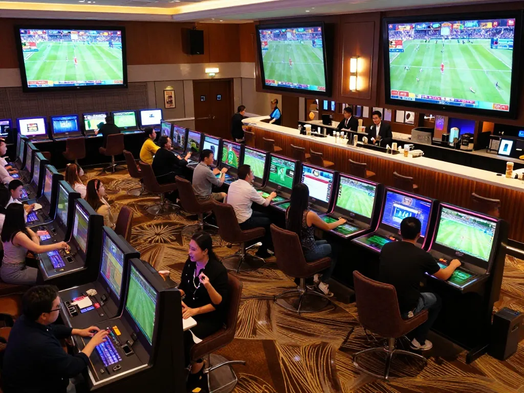 DABET HOA KỲ features engaged players in a lively sports betting lounge with live screens showing events.