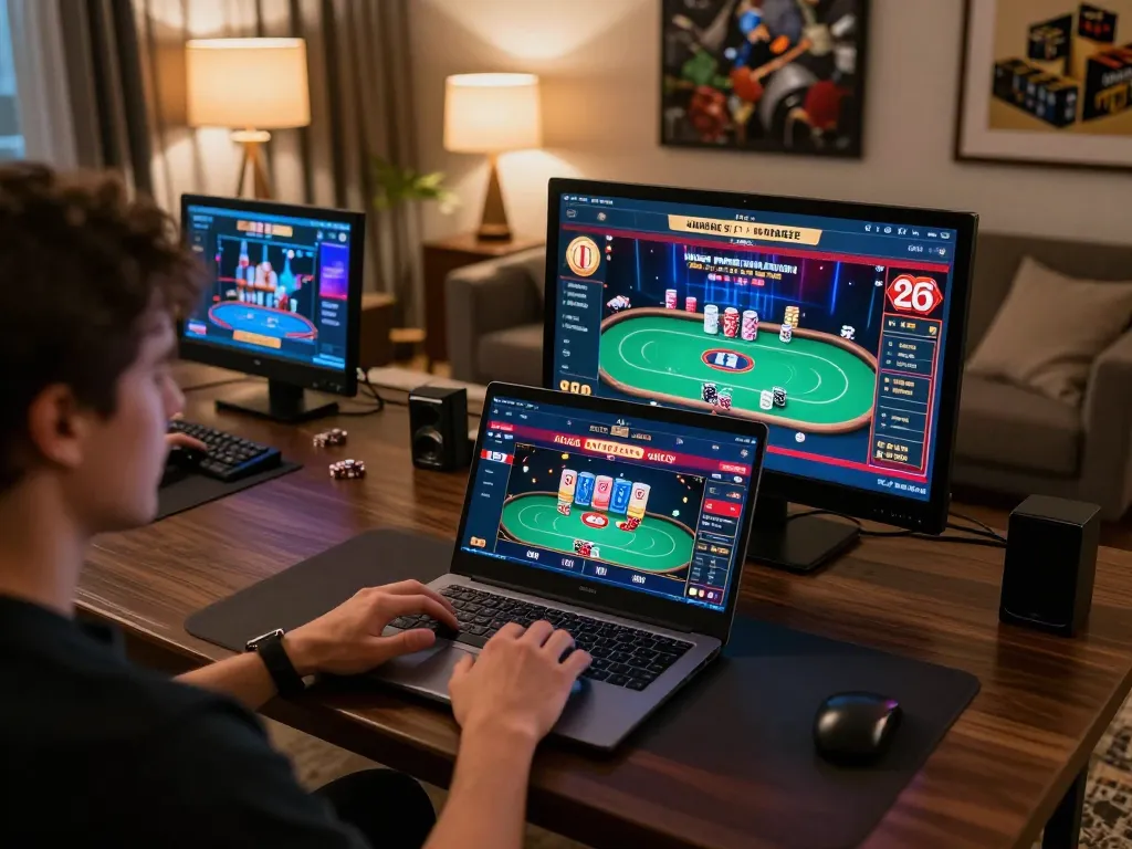 Person engages with alo8 gaming platform on a laptop in a stylish living room during a casual gaming session