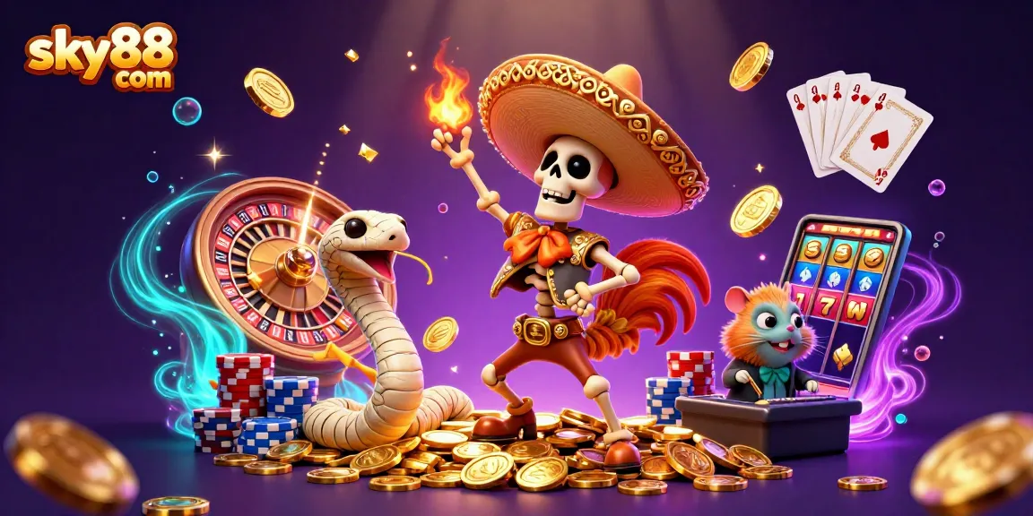 Win big at sky88 com with a vibrant casino scene showcasing thrilling gaming action and unique characters.