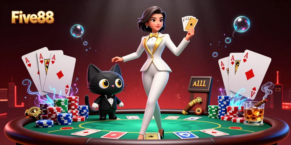 Experience Five88's thrilling poker scene with glamorous characters and vibrant casino elements.