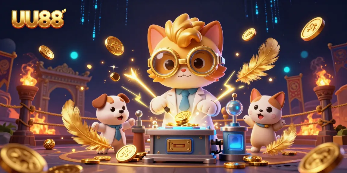 Experience the thrill of UU88 as a mad scientist cat creates gold-coin magic in a vibrant casino scene.