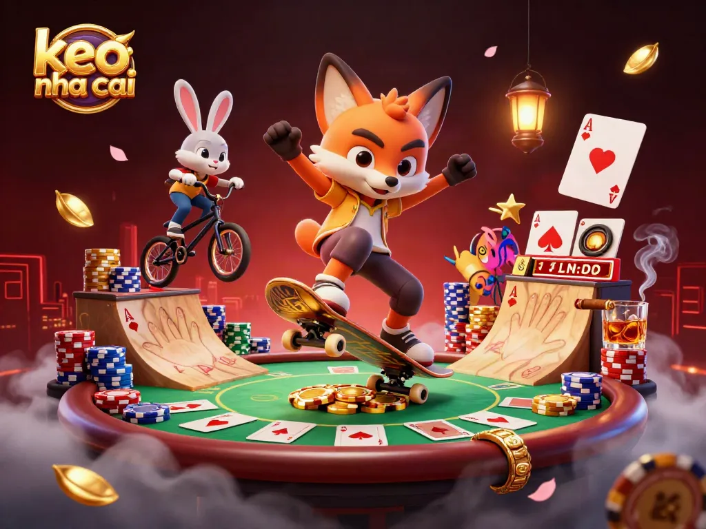 Experience thrilling action with keo nha cai art featuring a skateboarder fox and BMX rabbit in a vibrant casino scene.