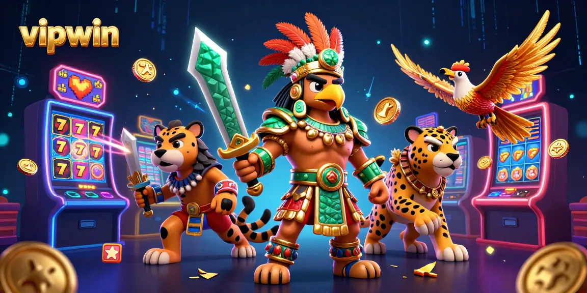 Engage with vipwin in an exciting 3D cartoon casino scene featuring colorful slot machines and dynamic characters.