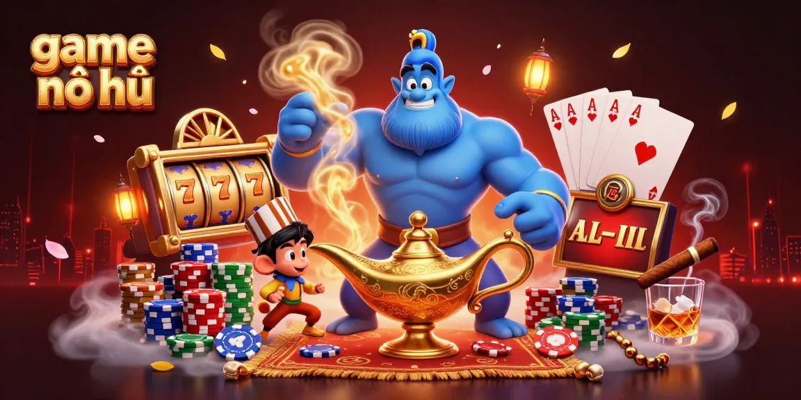 Spin the reels of game nổ hũ with a genie and a magic carpet in a vibrant 3D casino scene.