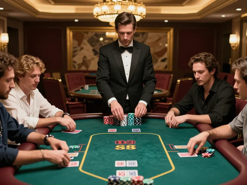 Engaging poker game at kp88 casino, players focused, dealer managing cards.