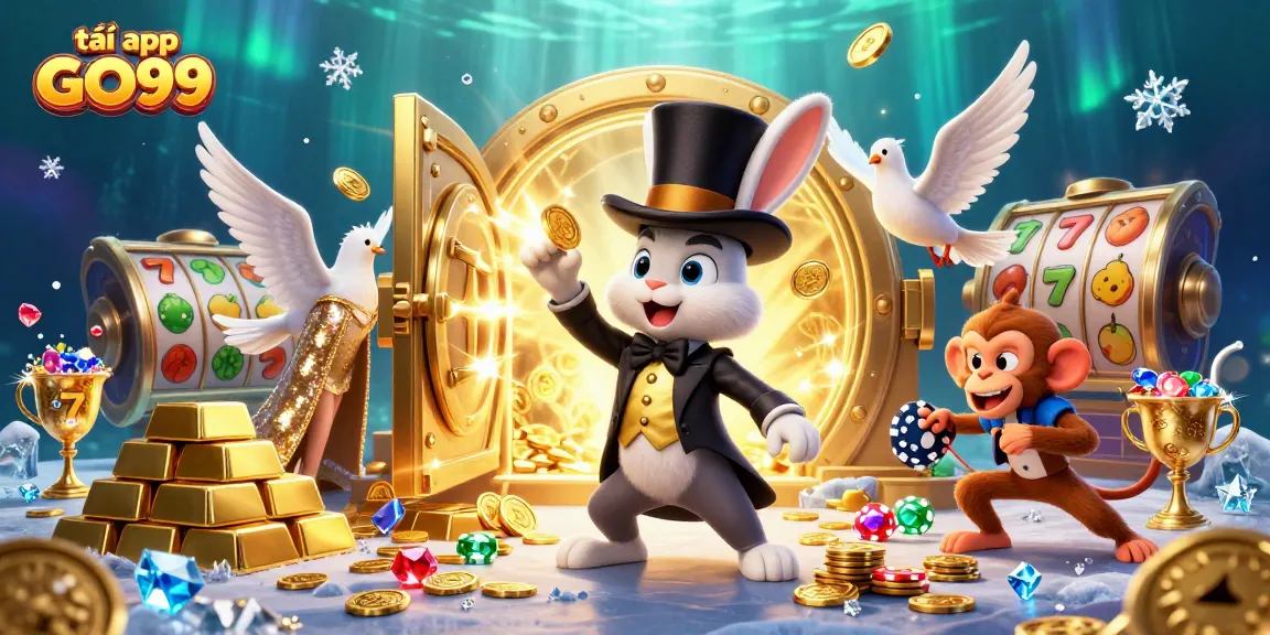Experience the thrill of tải app GO99 with a whimsical casino illustration featuring a magician, dove, and monkey.