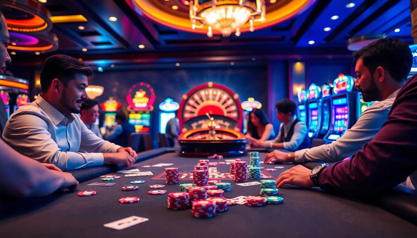 Engaged players competing in a game bài at a luxurious casino table.