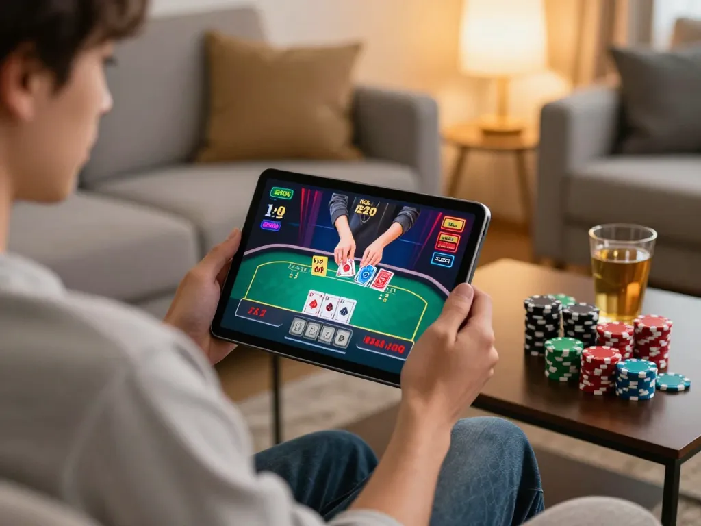 Engaging scene of nhà cái alo8 as a player navigates online blackjack strategies from a cozy home setup.