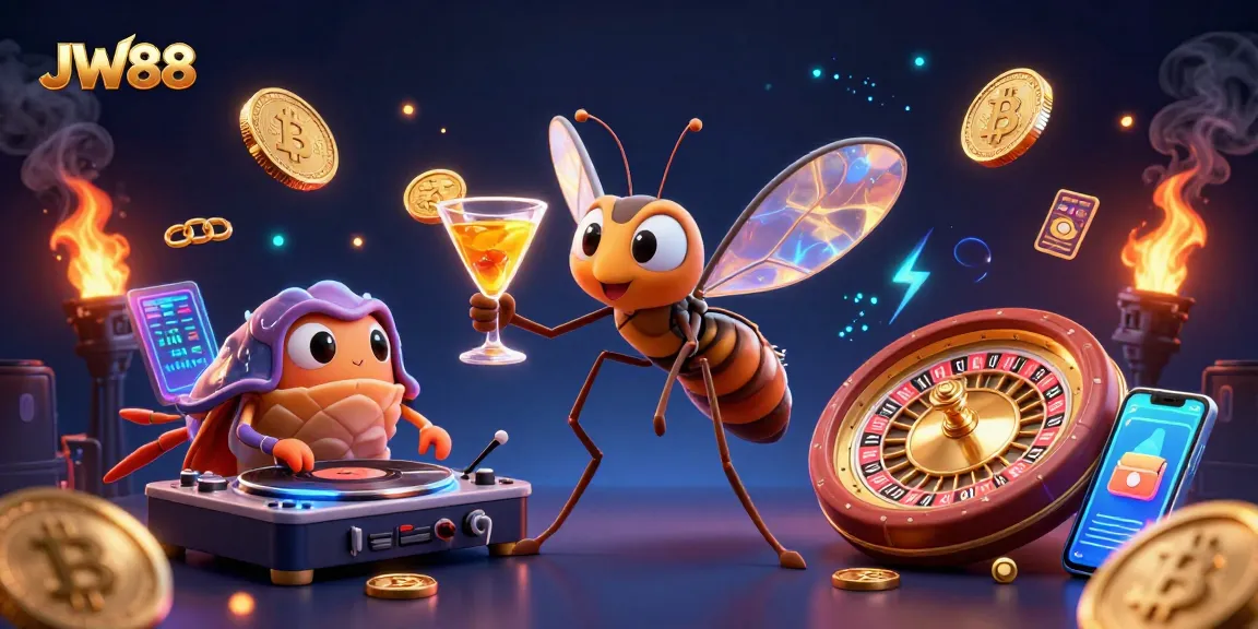 Engage with JW88's exciting casino experience with vibrant characters amid glowing crypto elements.