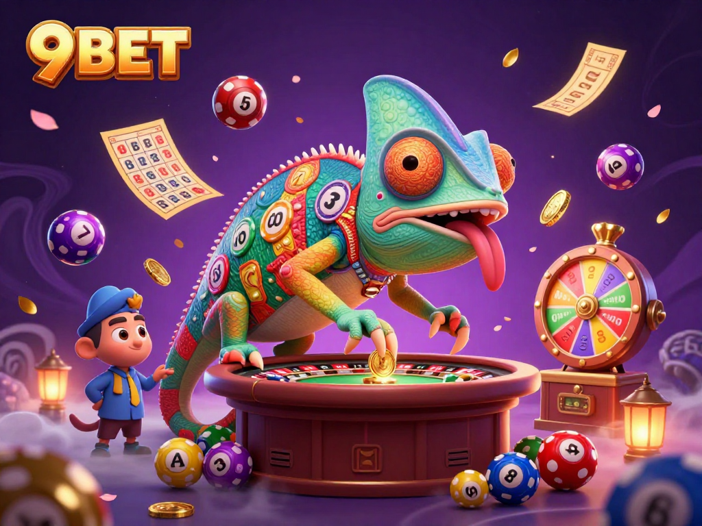 Experience dynamic gaming at 9BET with vibrant lottery elements and a chameleon casino owner in action.