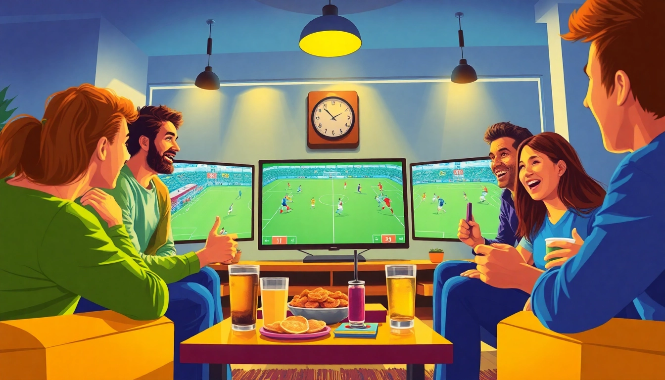 Fans enjoying live soccer streaming on https://socolive.spot/ with vibrant decor and snacks.