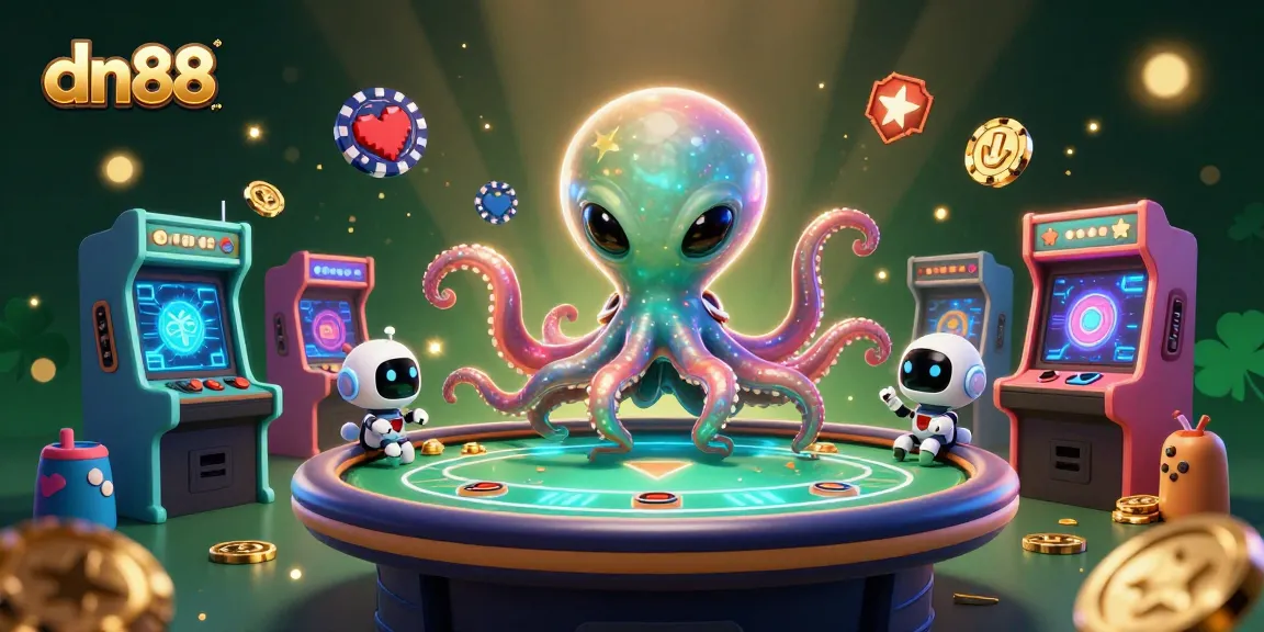 Experience thrilling gameplay at dn88 with a holographic poker table operated by an alien octopus, surrounded by vibrant casino elements.