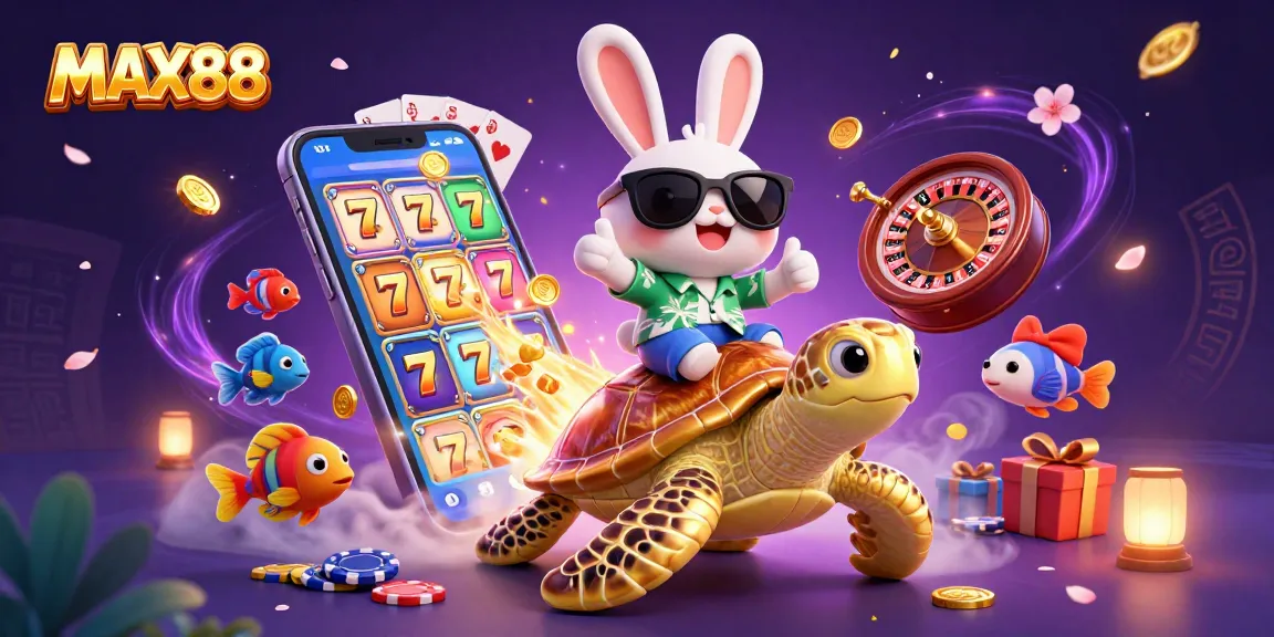 Engage with MAX88's vibrant gaming scene featuring a lucky rabbit and a golden sea turtle.