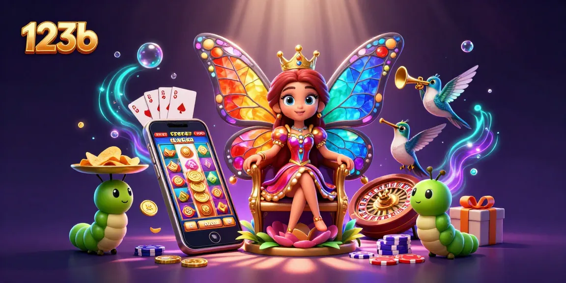 Engage with 123b's vibrant 3D gaming scene featuring a butterfly queen, chips, and exciting casino elements.
