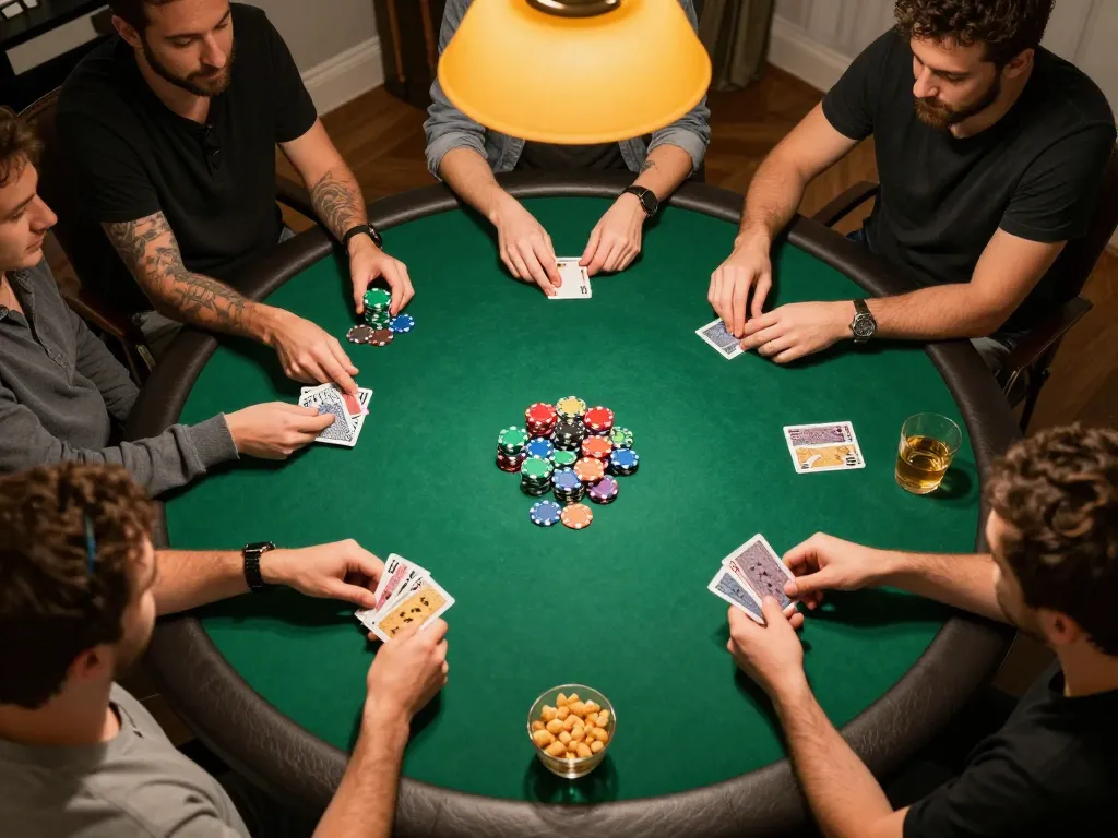 Players enjoying an engaging go8 poker game night at home, vibrant chips and cards creating excitement.