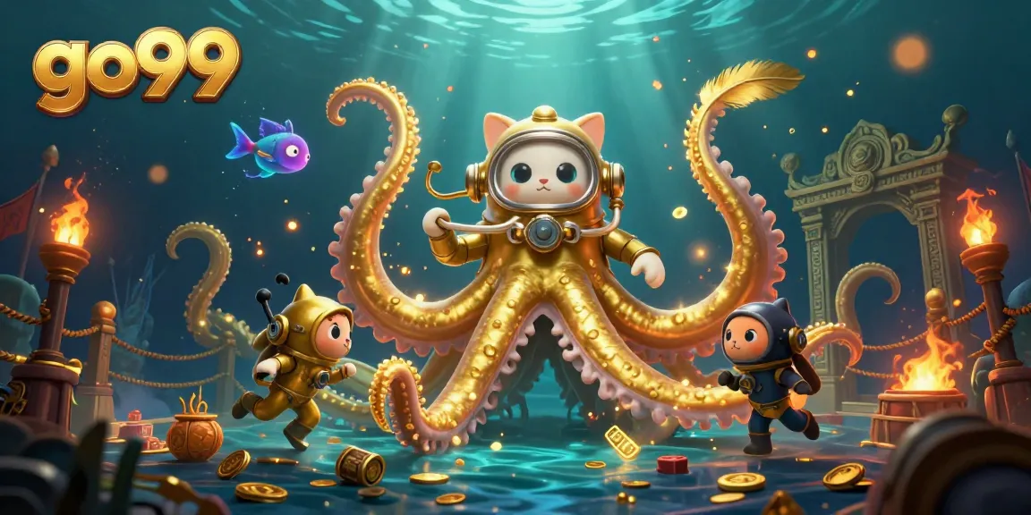 Experience thrilling gameplay at go99 with a colossal kraken and a diving cat amidst undersea treasures.