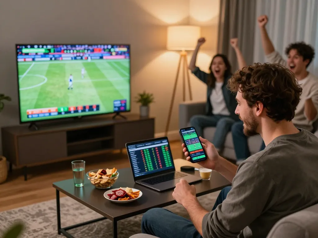 Betting enthusiast engaged with VIN88 WIN mobile app in a lively home atmosphere, surrounded by friends and sports excitement.