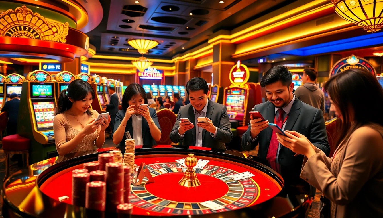 Xổ số hôm nay results excitement as players check lottery tickets in a luxurious casino atmosphere