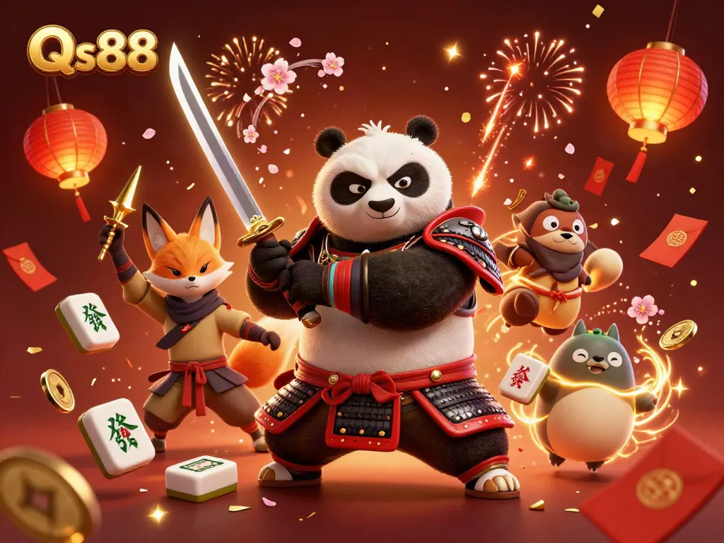Engage in thrilling gameplay with Qs88 as a fierce samurai panda and ninja fox in a vibrant casino scene.