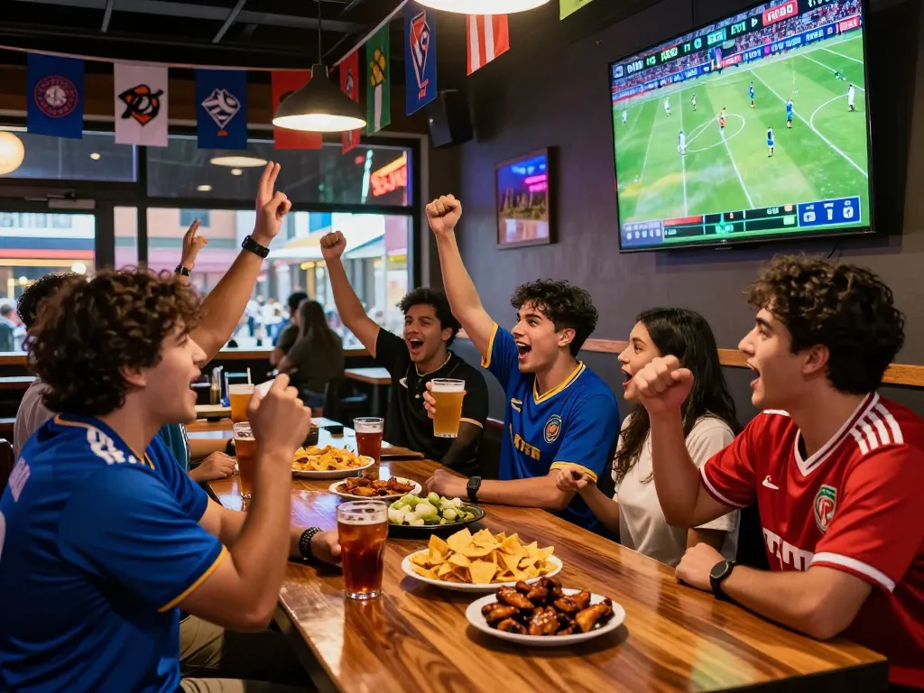 Exciting sports bar atmosphere during a match with friends celebrating tỷ lệ kèo bóng đá.