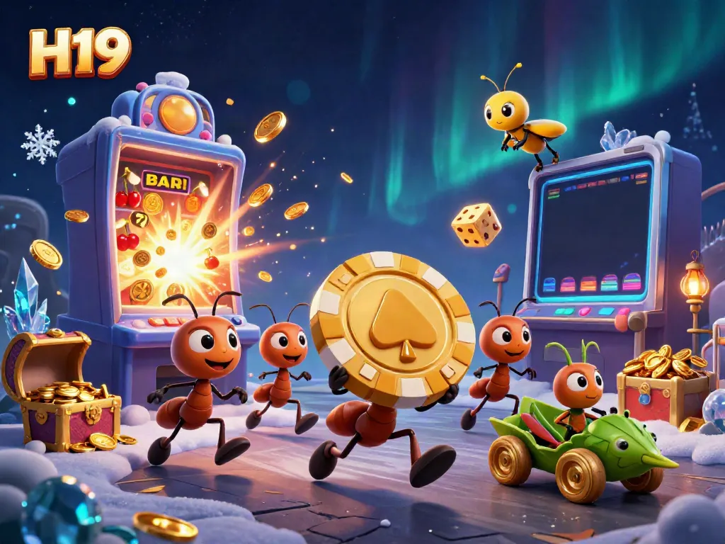 H19 teams of cartoon ants tackle a thrilling heist while carrying a giant poker chip amid a vibrant casino explosion.