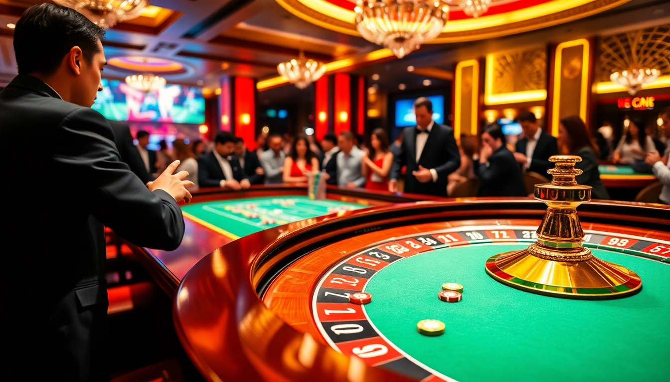 Kết quả xổ số showcased at a lively roulette table in a vibrant casino with engaged players.