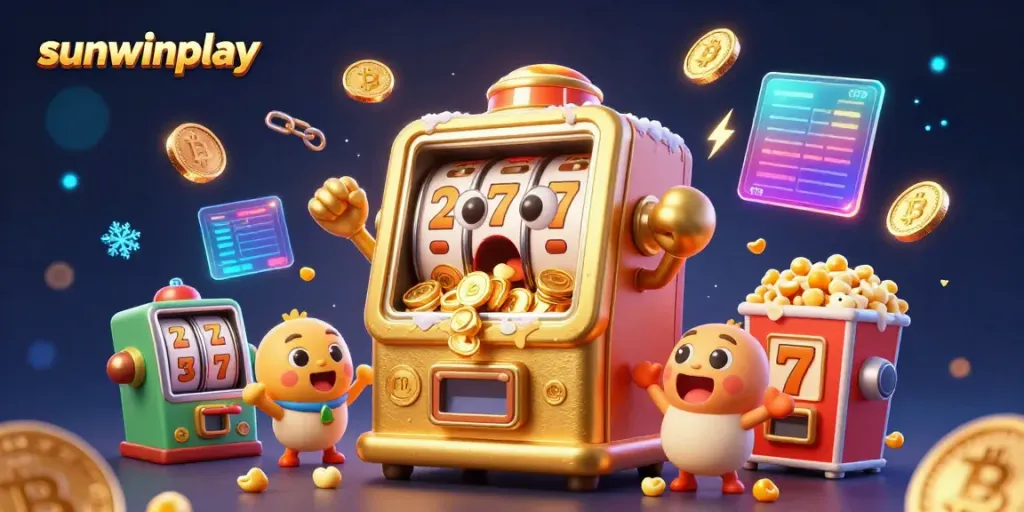 Experience the excitement of the sunwinplay jackpot with golden slot machines and dazzling coins in a vibrant scene.