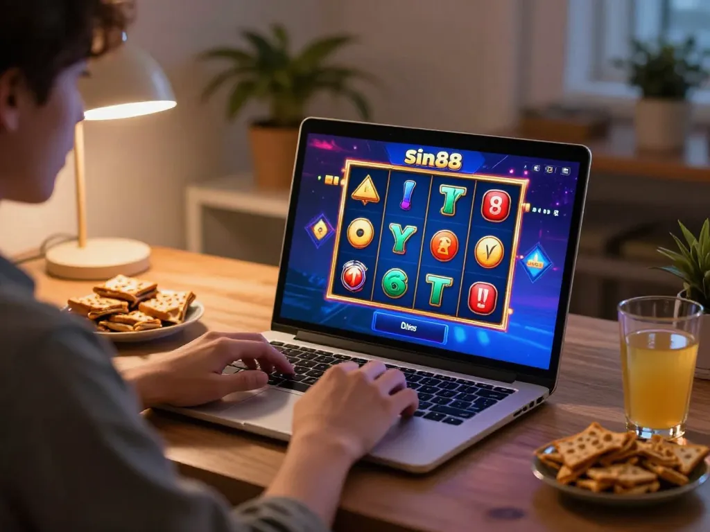 Engaging in sin88 slot gaming on a laptop at home, relaxed atmosphere with snacks and ambient lighting.